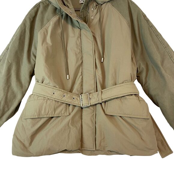 Zara Coat Parka Womens Small Tan Khaki Belted Hooded Zip Up Snaps Flap Pockets - Picture 3 of 7